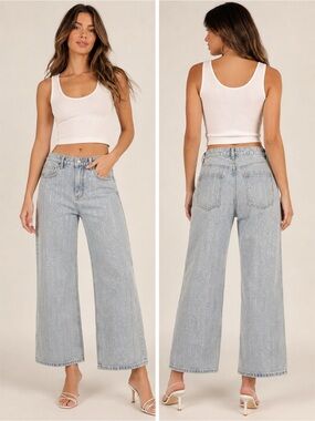 Lulus Light Wash Rhinestone Wide Leg Jeans NWT Size L